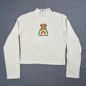 Teddy Fresh Long Sleeve Crop Top Mock Neck Rainbow‎ Bear Graphic Shirt Womens L